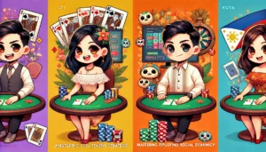 Imahe ng manlalaro na gumagamit ng Diskarte habang inaanalisa ang magkaibang Porma ng Ate at Kuya upang makita ang kanilang social tendencies sa poker.